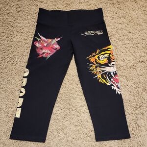 Ed Hardy By Christian Audigier Womens Black Leggings Tiger & Heart Graphics S